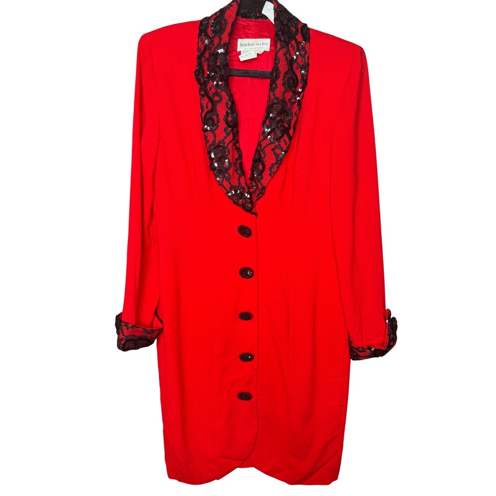 Morton Myles Vintage Red Blazer Dress Black Lace Sequin Trim Size 12 Hong Kong